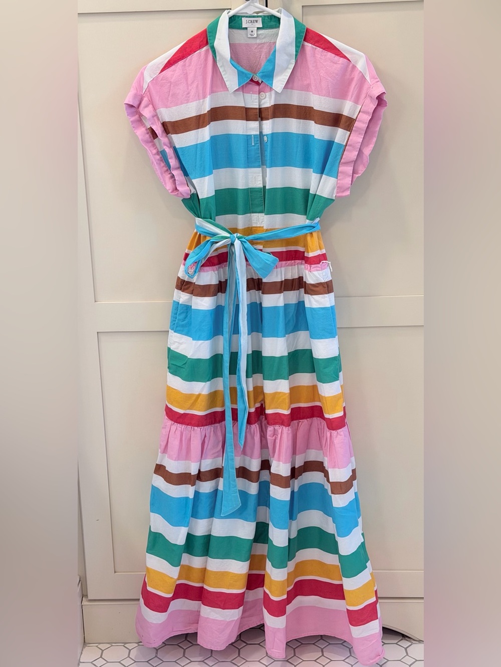 J. Crew Multicolor Striped Midi Dress - Pink, Blue, Green, Yellow, Brown, White